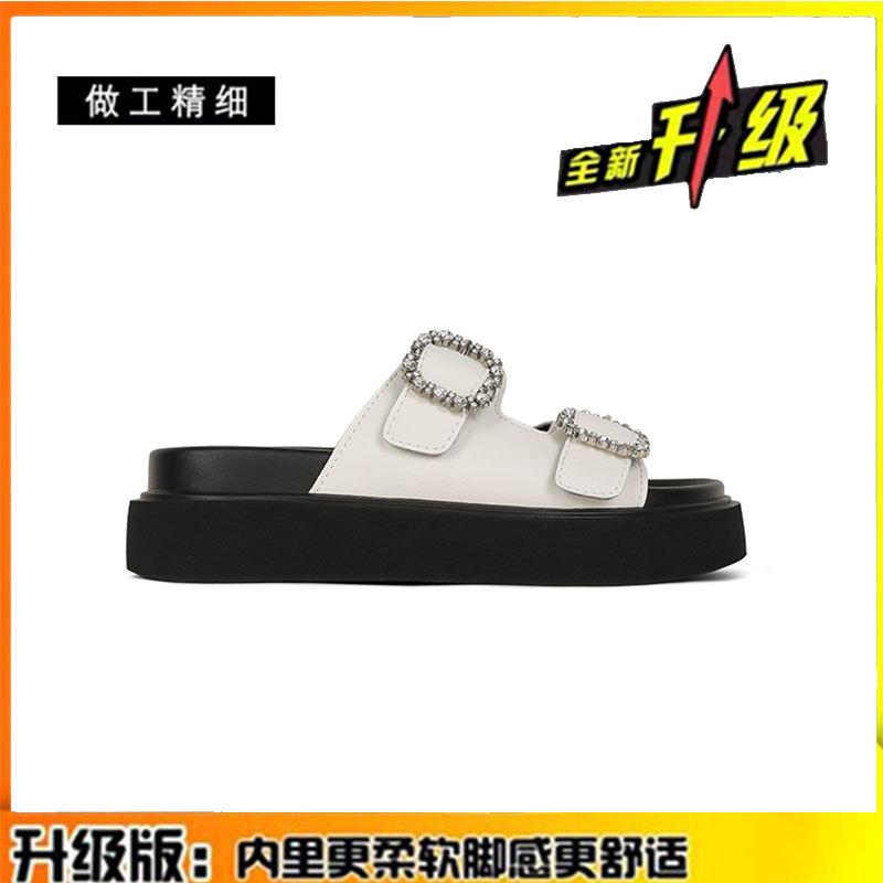 

Leather thick-bottomed casual one-word slippers for women s summer wear 2025 new heightening rhinestone soft-bottomed muffin cool slippers 35