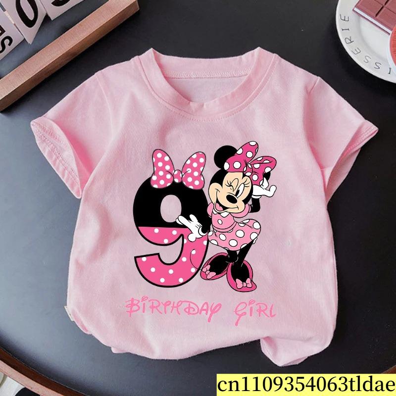 Minnie Mouse Girl Number T Shirt Pink Birthday Party Clothes Cartoon Toddler Cotton Tops Cute Short Sleeve Tees Kids Gift