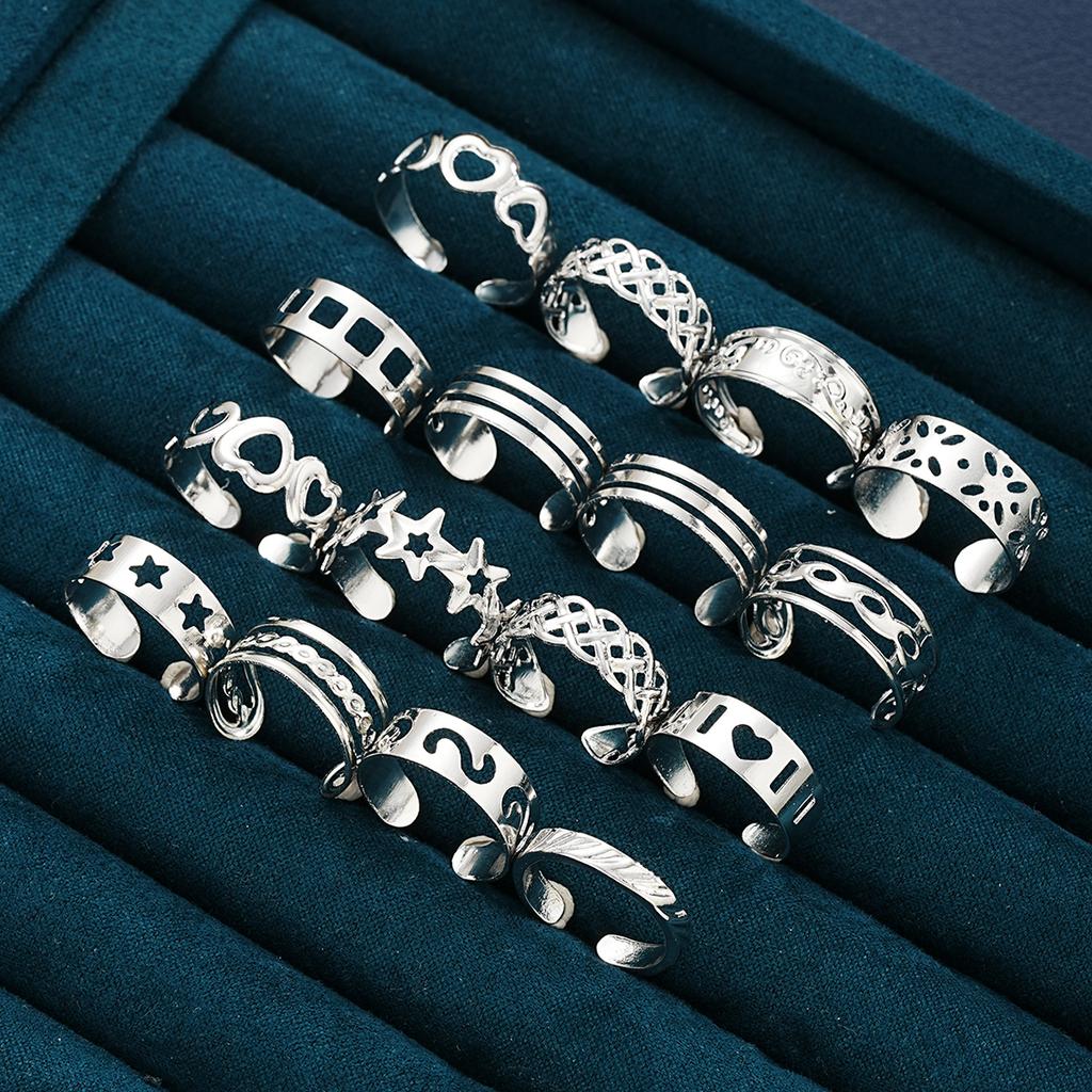 16Pcs/Set Creative Adjustable Toe Rings for Women Simple Silver Color Hollow Out Heart Star Foot Rings Set Fashion Jewelry Gifts