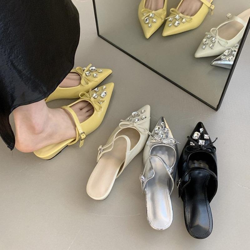 Fashion Hot Selling 2025 Elegant Butterfly Knot Water Diamond Head Cover Half Slippers Women Summer Skirts Slope Heel Fairy Slippers