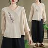 Cotton and Linen Shirt Tops Women's Ethnic Retro Style Literature and Art Loose Embroidered Hanfu V-neck T-shirt Long-sleeved Spring