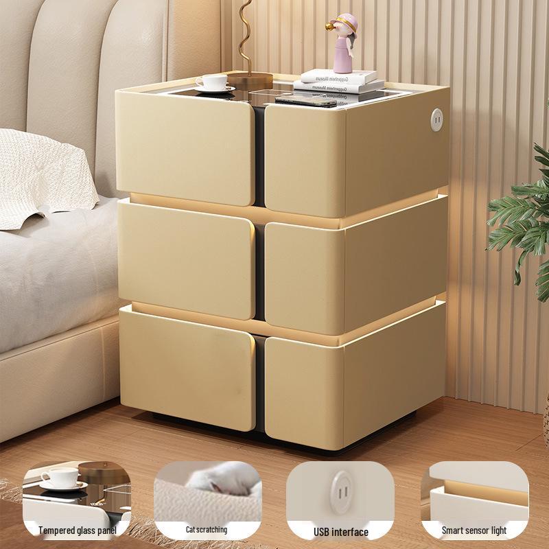 Solid Wood Smart Bedside Table with Wireless Charging, Modern Minimalist Design, Three-Layer Storage, Floor-Standing for Small Apartments.