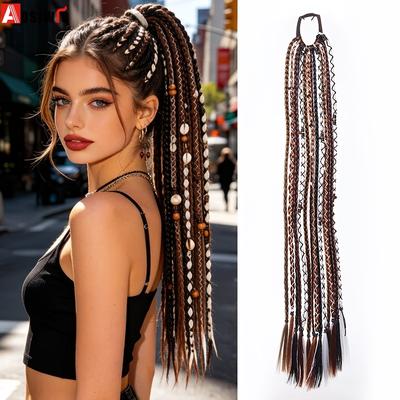 Synthetic Bohemian Woven Elastic Rubber Band Ponytail Wig Hand Woven Headband with Beads Dirty Braid Suitable for Women To Wear