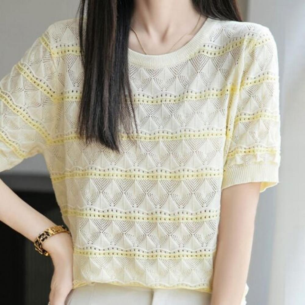 Navava Women Summer Stripe Punching Round Neck Short Sleeve Knit Tee Nk3714