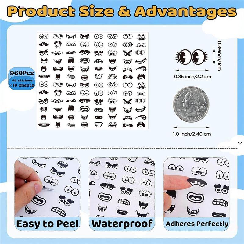 Good-For Cup Scrapbook Art Craft DIY Decoration, 960Pcs Black Eye Mouth Stickers In 48 Cartoon Face Expression Design