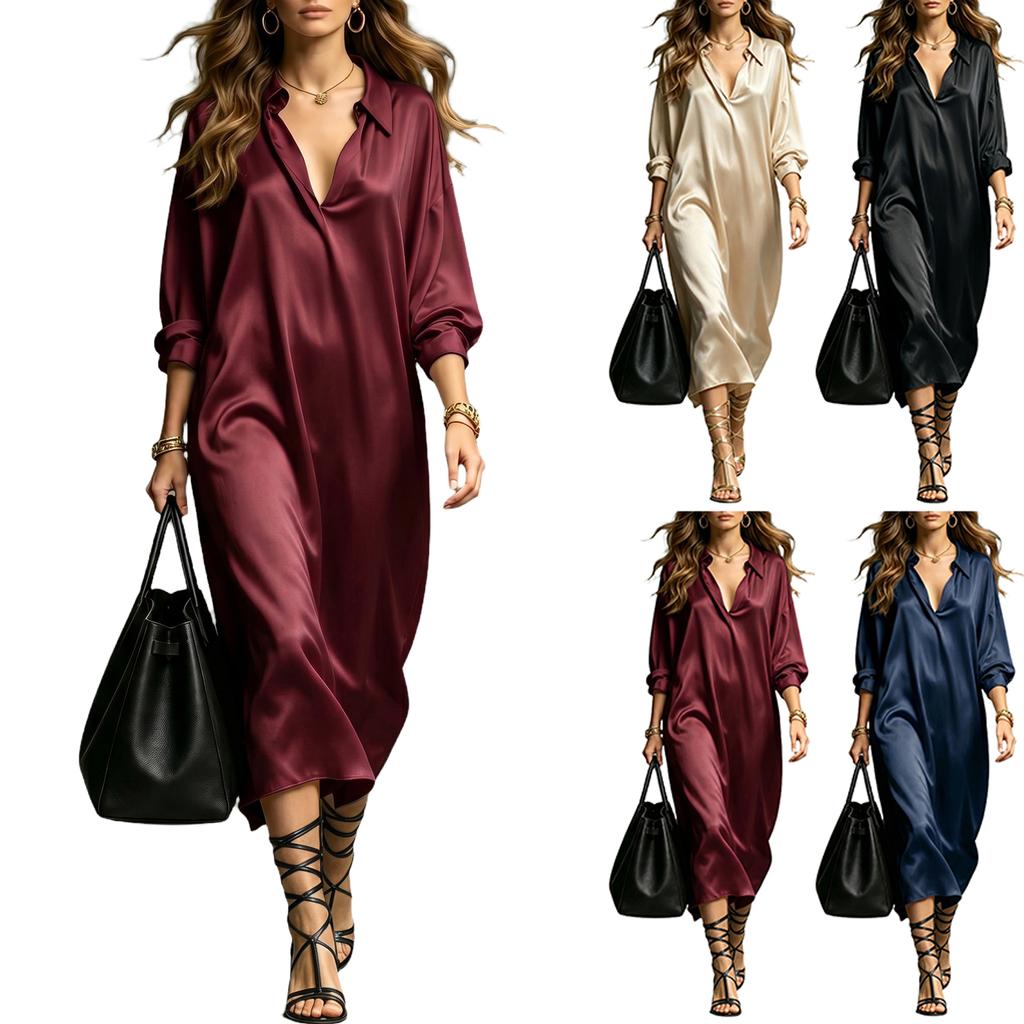 Women Satin Long Sleeve Shirt Dress V Neck Loose Fit Midi Dress with Pockets Casual Elegant Silky Fabric
