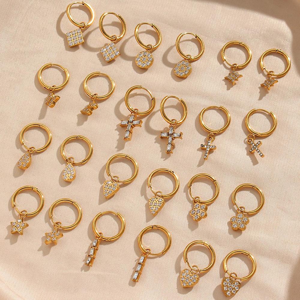 Trendy 18K Gold Waterproof Stainless Steel Earrings Dangling Diamond Cross Star Butterfly Pendant 18K Gold Body Jewelry Zircon