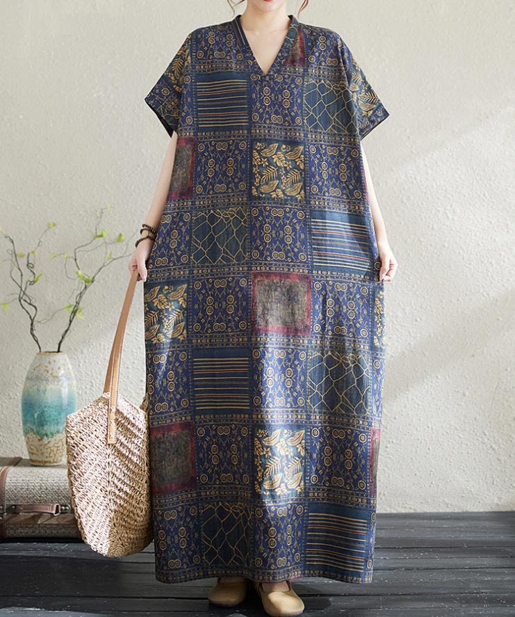 Summer Plus Size Loose Fit Vacation V-Neck Short Sleeve Maxi Dress Women Beach