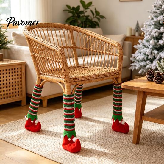 Knitted Socks for Christmas 4 Pcs Table Chair Leg Covers, Striped Elf Elastic Felt Pads Chairs Socks, Furniture Floor Protectors Dining Room,