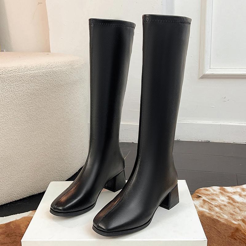 Autumn Winter Thick Heels Woman Knee High Boots Fashion Square Toe Party Dress Shoes Female Vintage Long Booties  De Muje