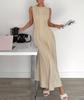 Damen Unifarben Ärmellos Plissiert Rundhals A-Linie Maxikleid Elegant Langes Freizeit-Partykleid