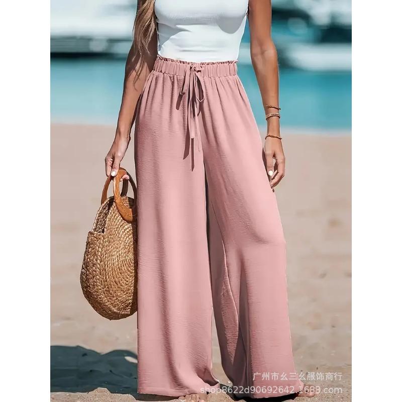 Women Elastic Waist Drawstring Wide Leg Pants Casual Beach Trousers
