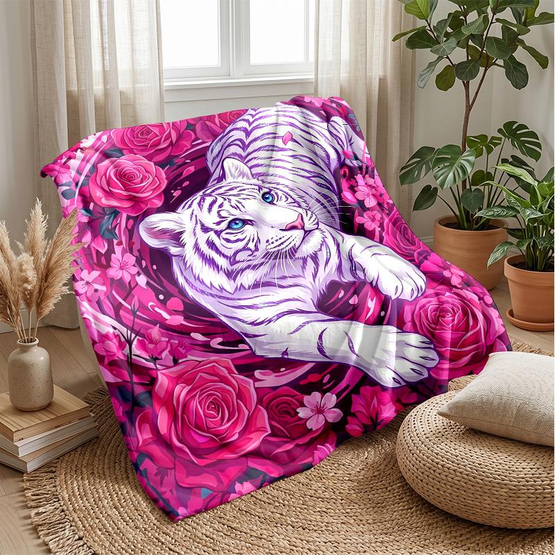 Tiger Amidst Floral Splendor Theme Blanket Lightweight Warm Flannel Blanket Decorative Throw Blanket for Home Decoration