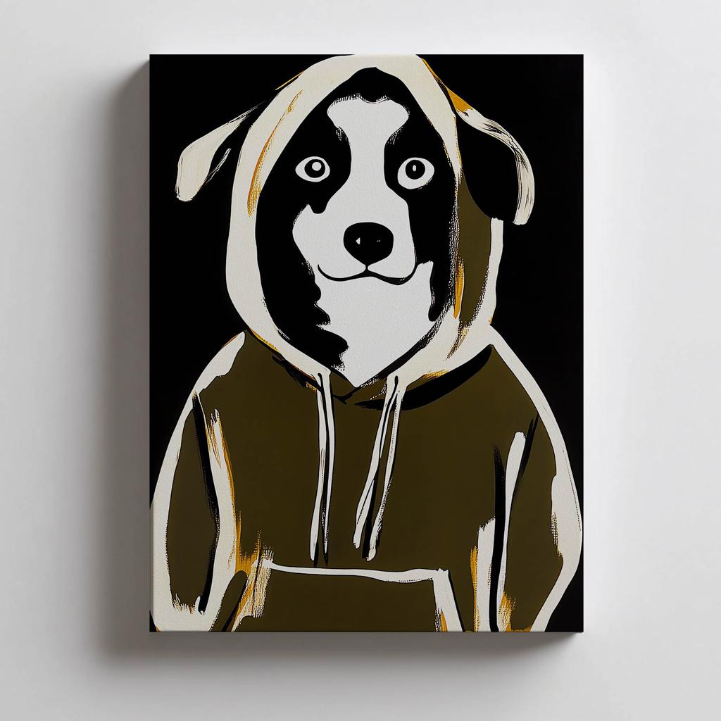 Poster Cute Dog In a Sweatshirt Poster Cute Dog In a Sweatshirt, 30X40 Cm, Dark Brown Wooden Frame, 230 Gsm Matte Paper