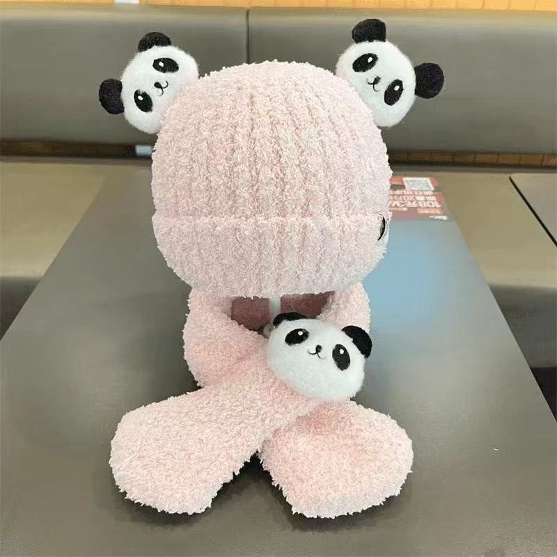 Baby hat scarf two-piece set season boys and girls cute panda plush thickened warm baby pullover hat