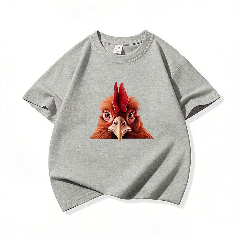 Kids Cotton T Shirt Cute Peeking Chicken Print Crew Neck Short Sleeve Tee Casual Breathable Boys Girls Summer Tops