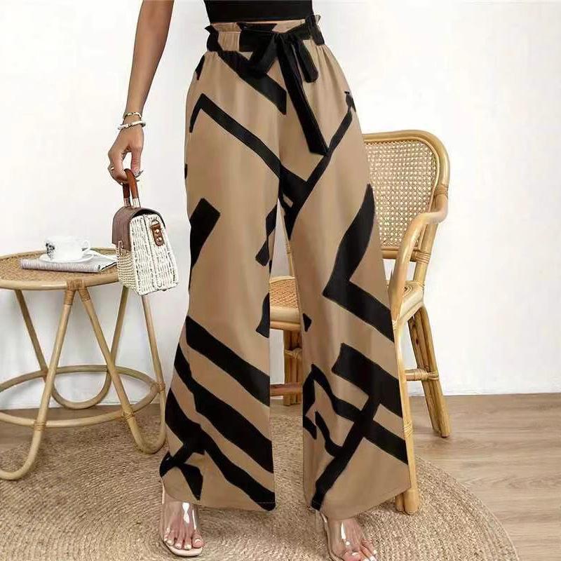 women's Casual Geometric Print Elastic High Waist Self Tie Wide Leg Long Trousers Summer Beach Palazzo Pants