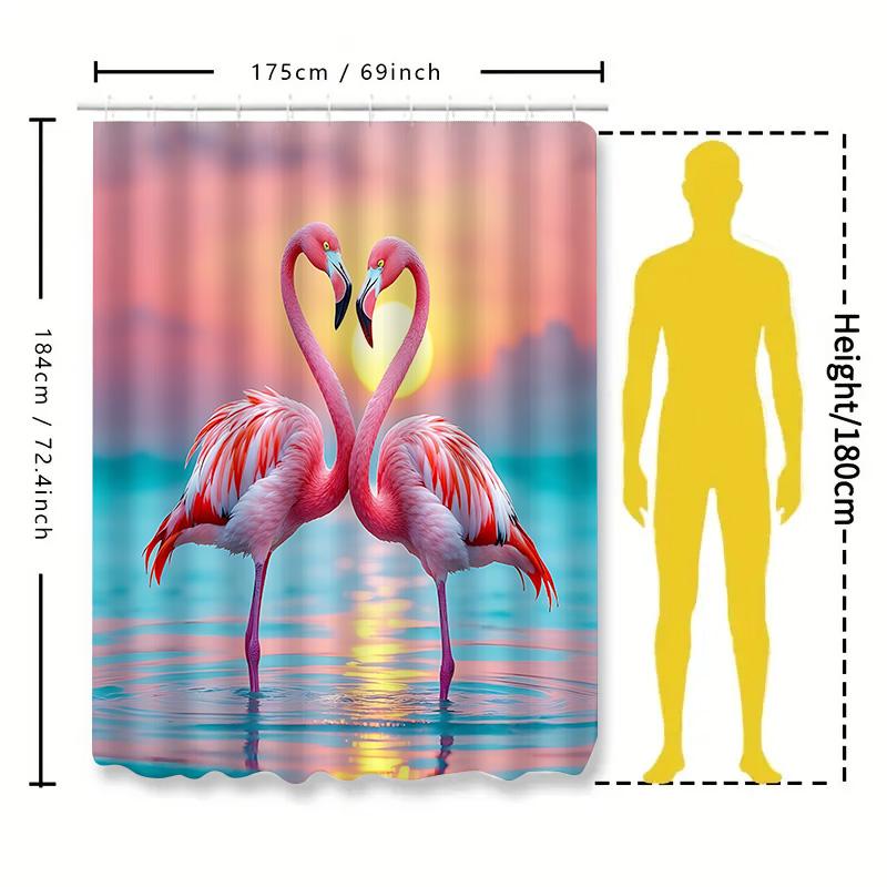 Graceful Pink Flamingos Shower Curtain for Bathroom - Tropical Water Scene with Sunset and Moonlight Waterproof Polyester