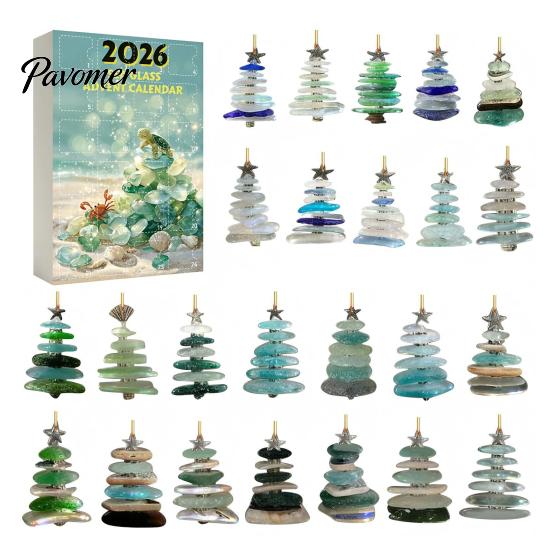 Ornamenti a Tema Oceanico Calendario dell'Avvento di Natale in Vetro Marino, Scatola Conto alla Rovescia di 24 Giorni con Accessori Decorativi Stagionali Ornamenti per Albero in Acrilico,