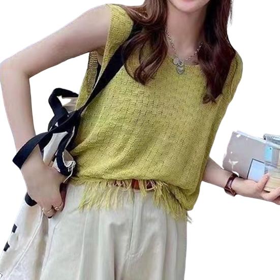 

Женские топы-майки с круглым вырезом, без рукавов, с бахромой по низу, однотонные, свободного кроя, вязаная майка, для повседневной носки