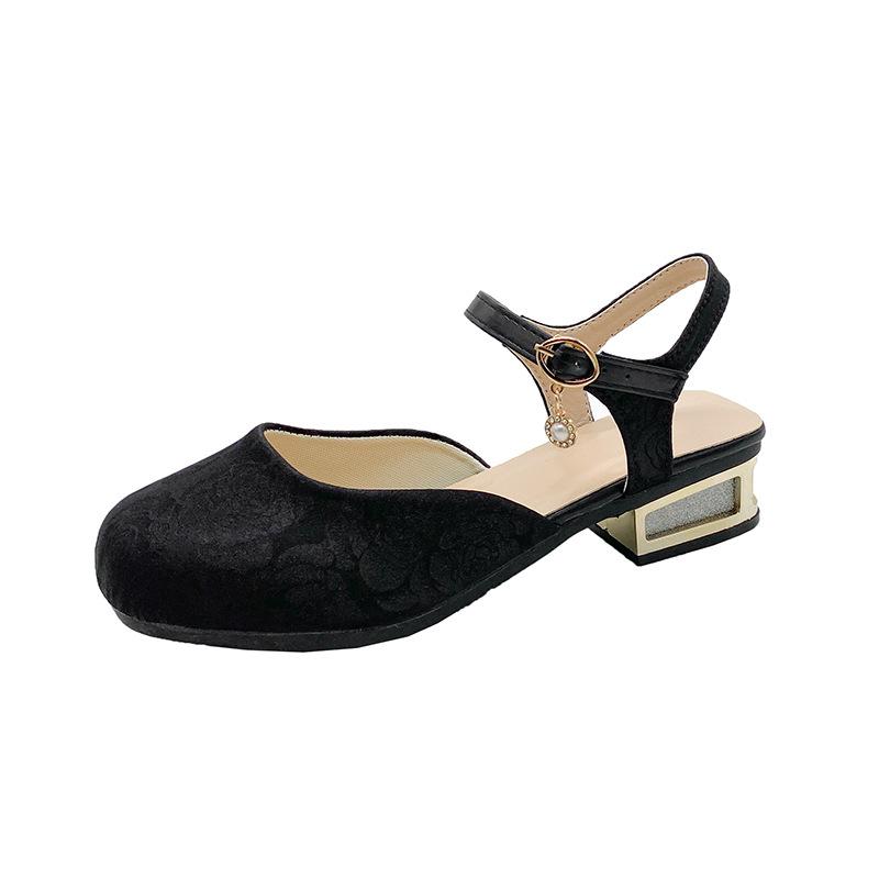 

2025 summer new retro national style square head with thick heel pearl bag head rear empty buckle high-heeled sandals women 41 чёрный