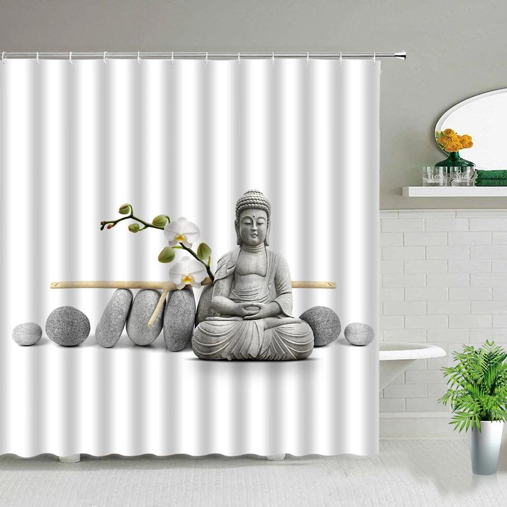 Zen Stone Buddha Flowers Scenery Shower Curtains Creativity Art Bathroom Bath Curtain With Hooks Waterproof Fabric Bathtub Decor