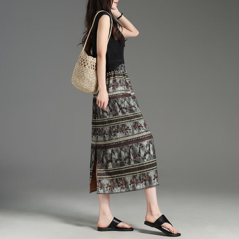 Demanana Women's Ethnic Print Slit Midi Skirt