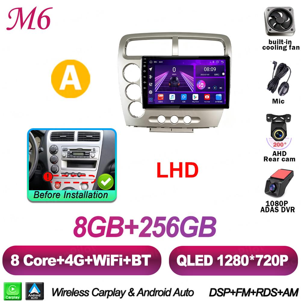 Android 16 For HONDA Civic EP3 2000-2005 Car Radio Stereo Head Unit Multimedia Video Player GPS Navigation 2K QLED 9 Inch 8 Core