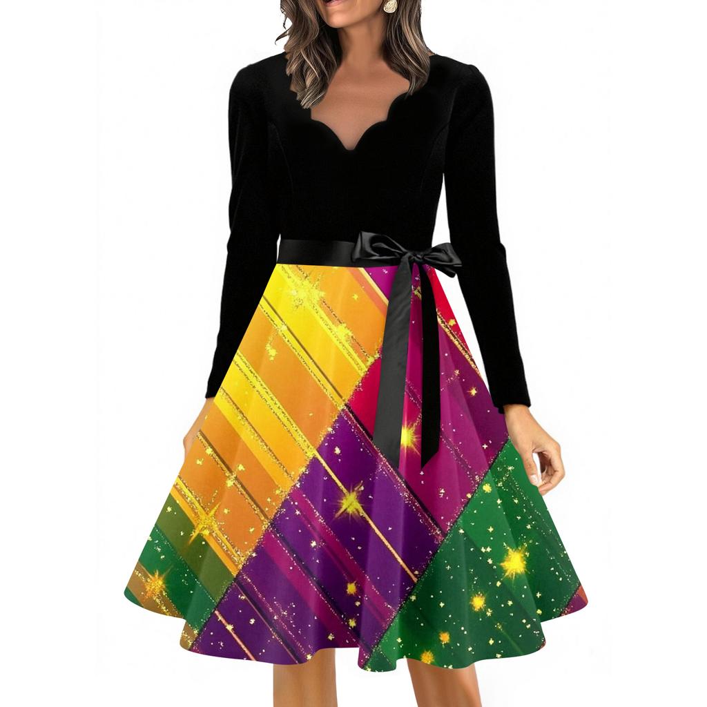 Women's Casual Fashion V Neck Long Sleeve Printed Vintage Long Dress