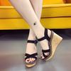 New Slope Heel One-word Buckle Suede Open-toed Sandals Waterproof Table Heightening Belt Buckle Europe and America