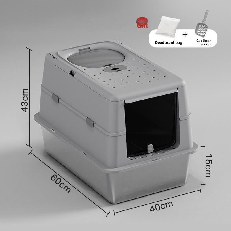Stainless Steel Closed Cat Litter Box, Fully Closed Flip, Oversized, Heightened and Thickened Anti-splash Top-entry Cat Toilet