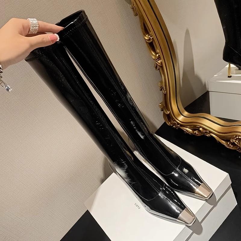 

Fashion 2025 Autumn Winter Patent Leather Women Knee-high Boots Fashion Stretch Stiletto High heels Chelsea Office Lady Long Boots Shoes 35