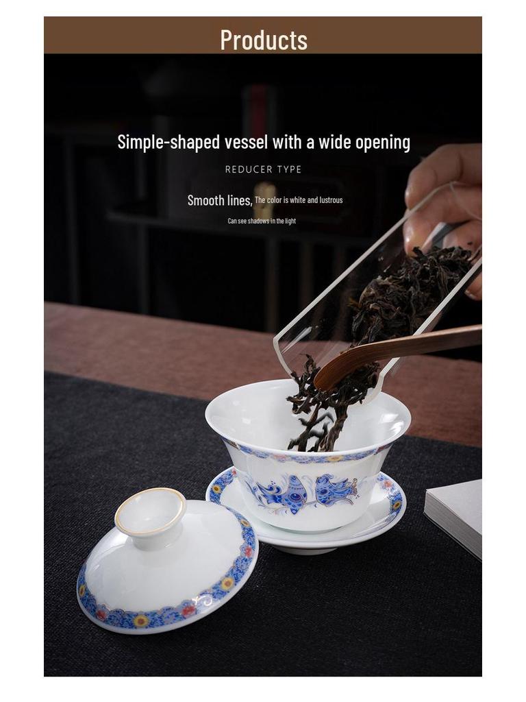 Chinese Style Ceramic Tea Set: White Porcelain Cup with Blue and White Ruyi Covered Bowl for Living Room