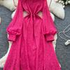 French Court Style Dress Women's Autumn High-end Single-breasted Waist and Thin Temperament Lace Long Dresses