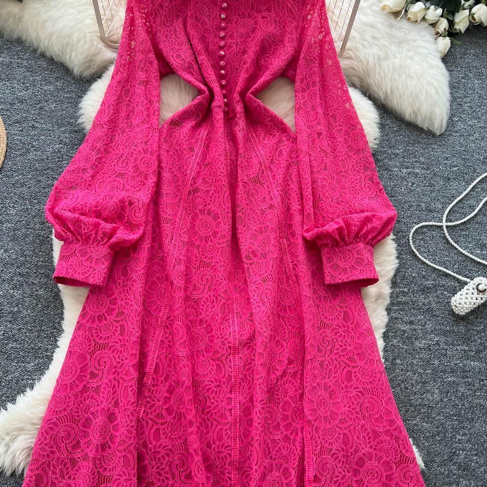 French Court Style Dress Women's Autumn High-end Single-breasted Waist and Thin Temperament Lace Long Dresses