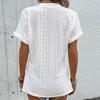 Fashion Women Summer Short Sleeve Jacquard Lace Blouse Women Elegant V Neck Basic Solid Color T-shirt White Hollow Out Casual Simple Top Loose Shirt