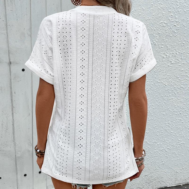 Fashion Women Summer Short Sleeve Jacquard Lace Blouse Women Elegant V Neck Basic Solid Color T-shirt White Hollow Out Casual Simple Top Loose Shirt
