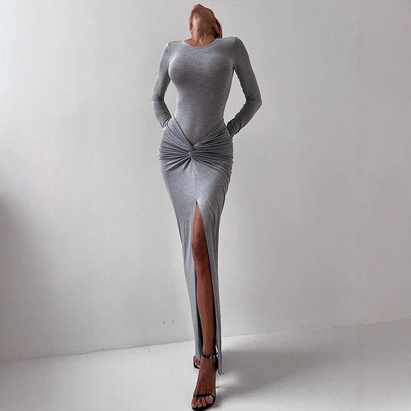 

Temperament Slim fit Split Long Sleeve Skirt Set Women Temperament Long Sleeved Skirt Set Grey L