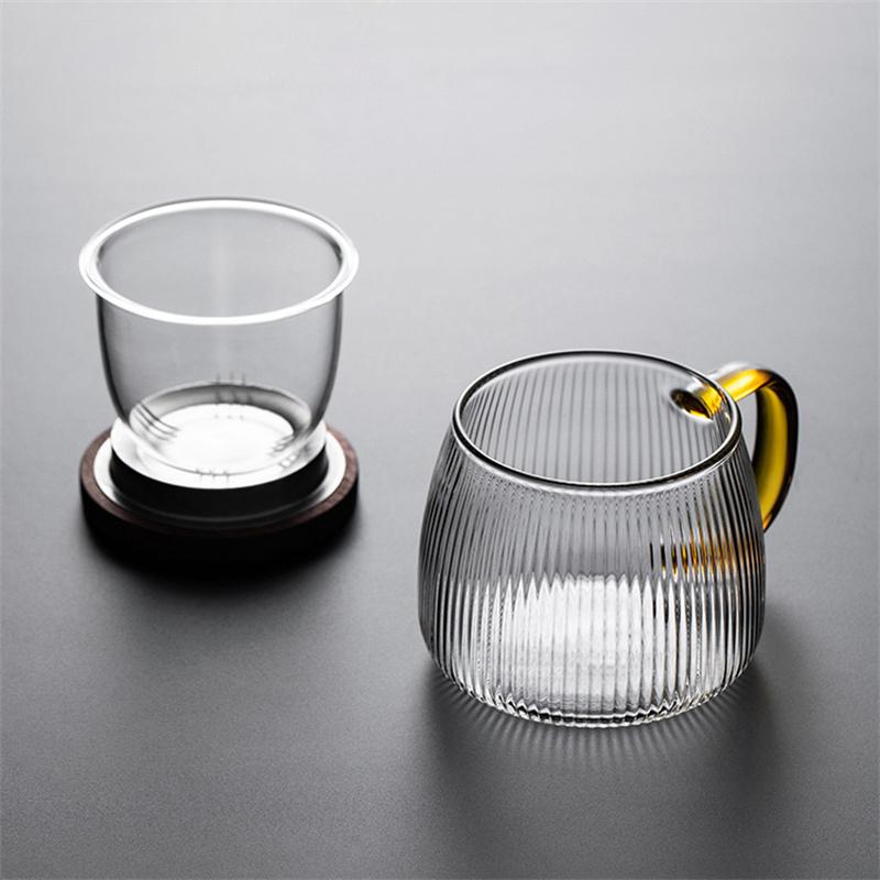 Japanese 400ml Stripe Heat Resistant Glass Tea Water Separation Tea Cup Kung Fu Tea Set Filter Tea Mug with Wooden Lid Drinkware