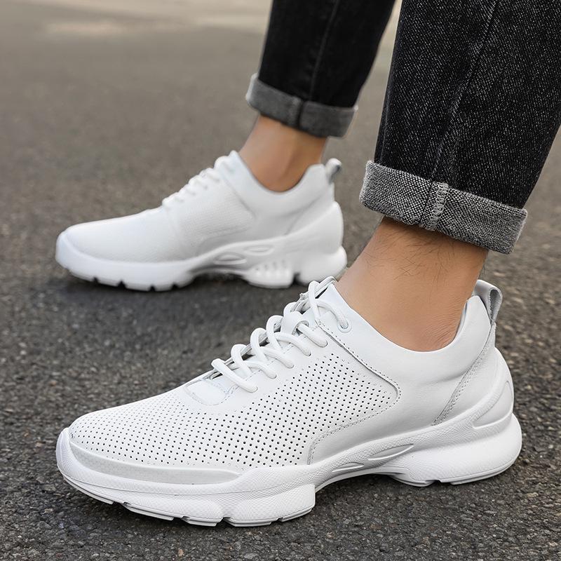 Men's 8CM Height Increase Casual Breathable Non-slip Leather Running Shoes, Thick Sole, Solid Color.