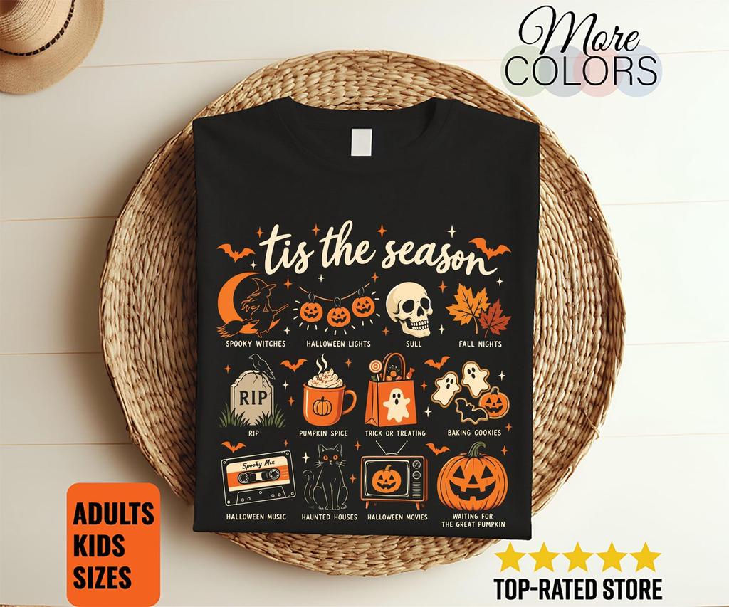 Tis the Season Halloween Shirt, Autumn Icon Collage Tee, Pumpkin Spice Ghost Art, Spooky Movie Lover Gift, Fall Festival Outfit, Witchy Cat