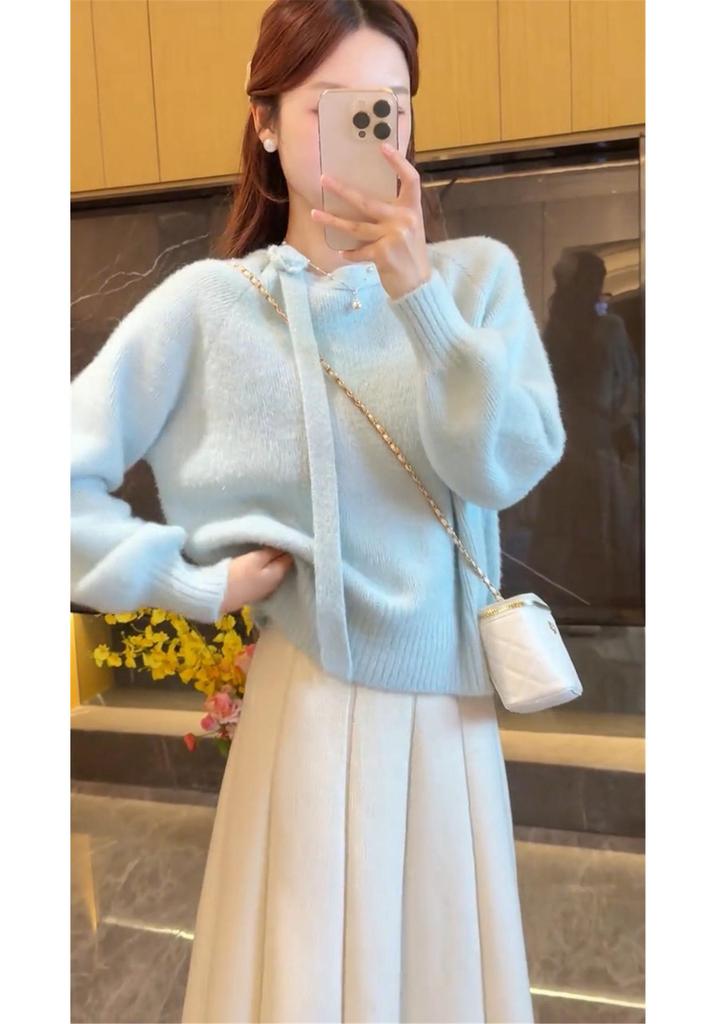 Korean 3D Flower Ribbon Sweater - Women's Autumn/Winter Fluffy Round Neck Knit Pullover