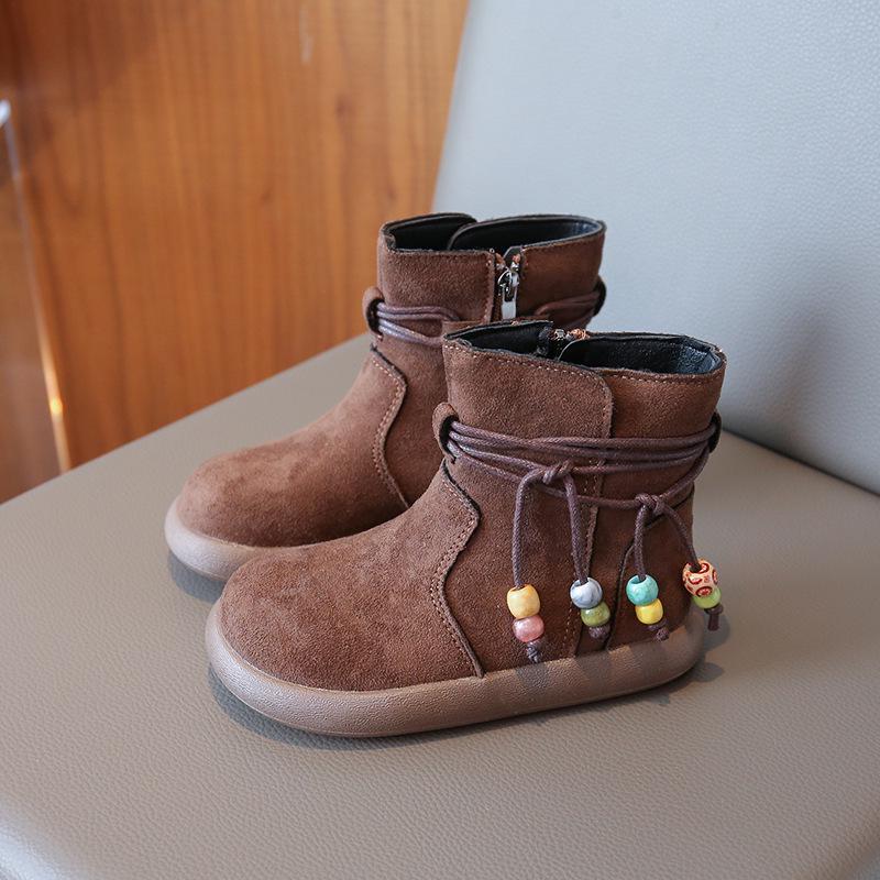 

Плюшеві зимові чоботи для дівчат у корейському стилі 2025: Ретро м яка підошва з бісерним дизайном - Новинки Осінь/Зима для дітей Size 27, Inner Length 15.9 cm коричневий