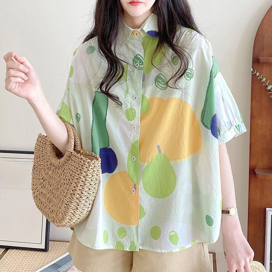 

Красочная рубашка в горошек с кукольным воротником, женская, с коротким рукавом, на пуговицах, милая женская одежда свободного кроя, универсальная XXL