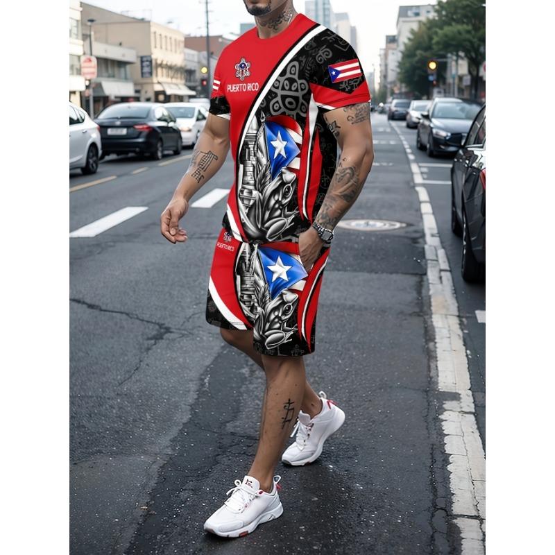 New Summer Men's Set Men's Street King T-Shirt Two-Piece Set Casual Wear Loose-Fit Crew Neck Beach Sports Set