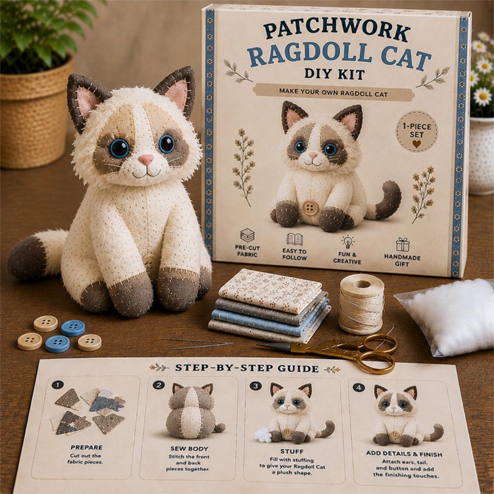 Step by Step Guide Cat Sewing Kit Pre Cut Fabric Patchwork Craft Kit Patchwork Cat Kit  Home Decor