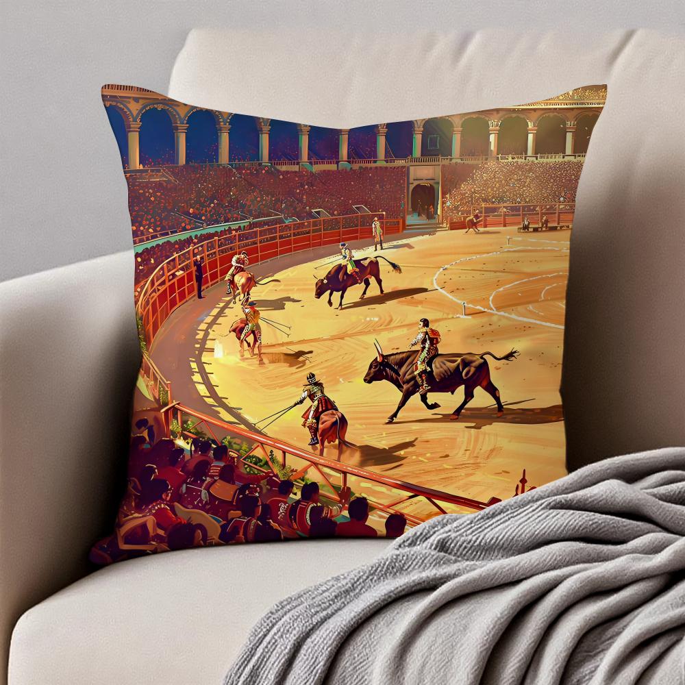 Spanish Running of the Bulls Cushion Cover Pillowcase Antidustmite Invisible Zipper Short Plush Sofa Cushion