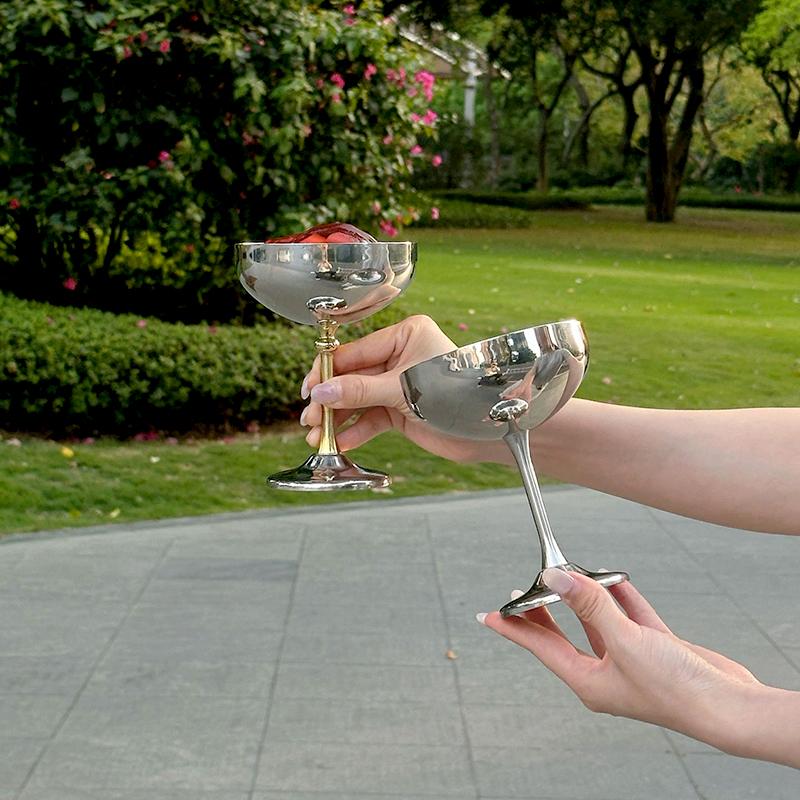 304 Stainless Steel Tall Footed Design Bar Dessert Cup Creative Salad Bowl Restaurant Silver Retro Ice Cream Cup Accessories