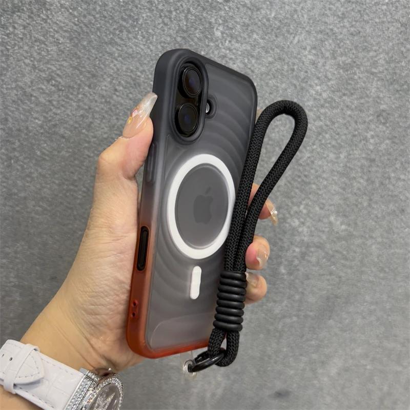 For Magsafe Magnetic Water Ripple Gradient Matte Translucent Phone Case with Wrist Strap For iPhone 16 Pro Max 15 14 13 12 Cover