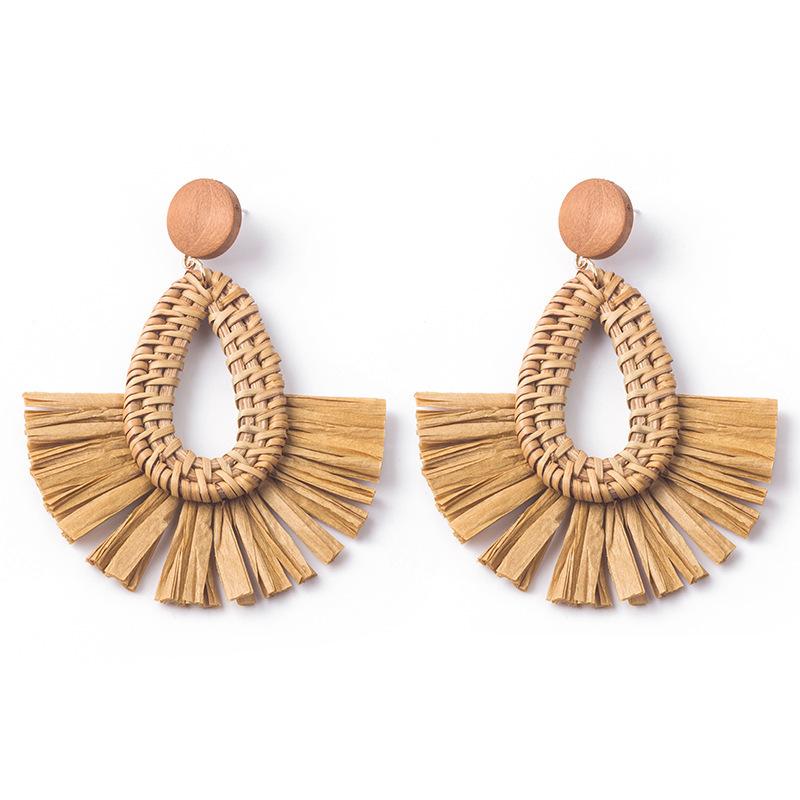 Hand-Woven Geometric Rattan Raffia Earrings, Retro Resort Fan Stud Earrings, Earrings For Women